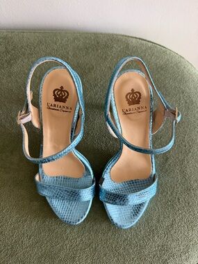 Blue Metallic Snake-Embossed Heels